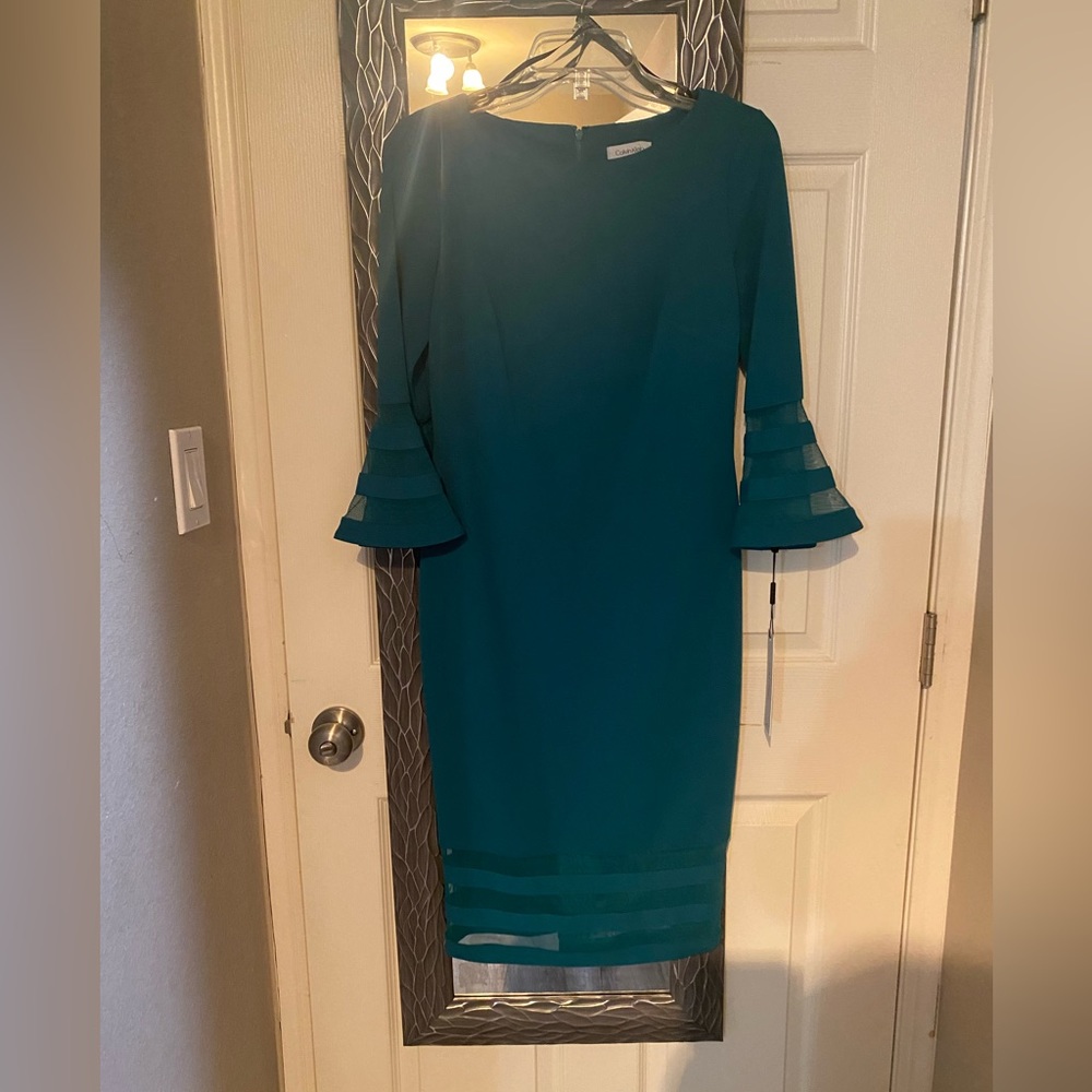 Calvin Klein Solid Sheath with Chiffon Bell Sleeves